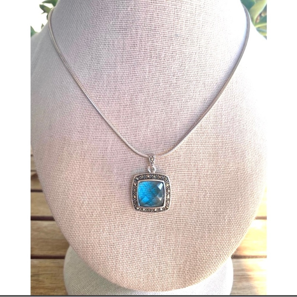 Sterling Silver 925 Marcasite Blue Pendant Rope Chain Necklace 7.5”
